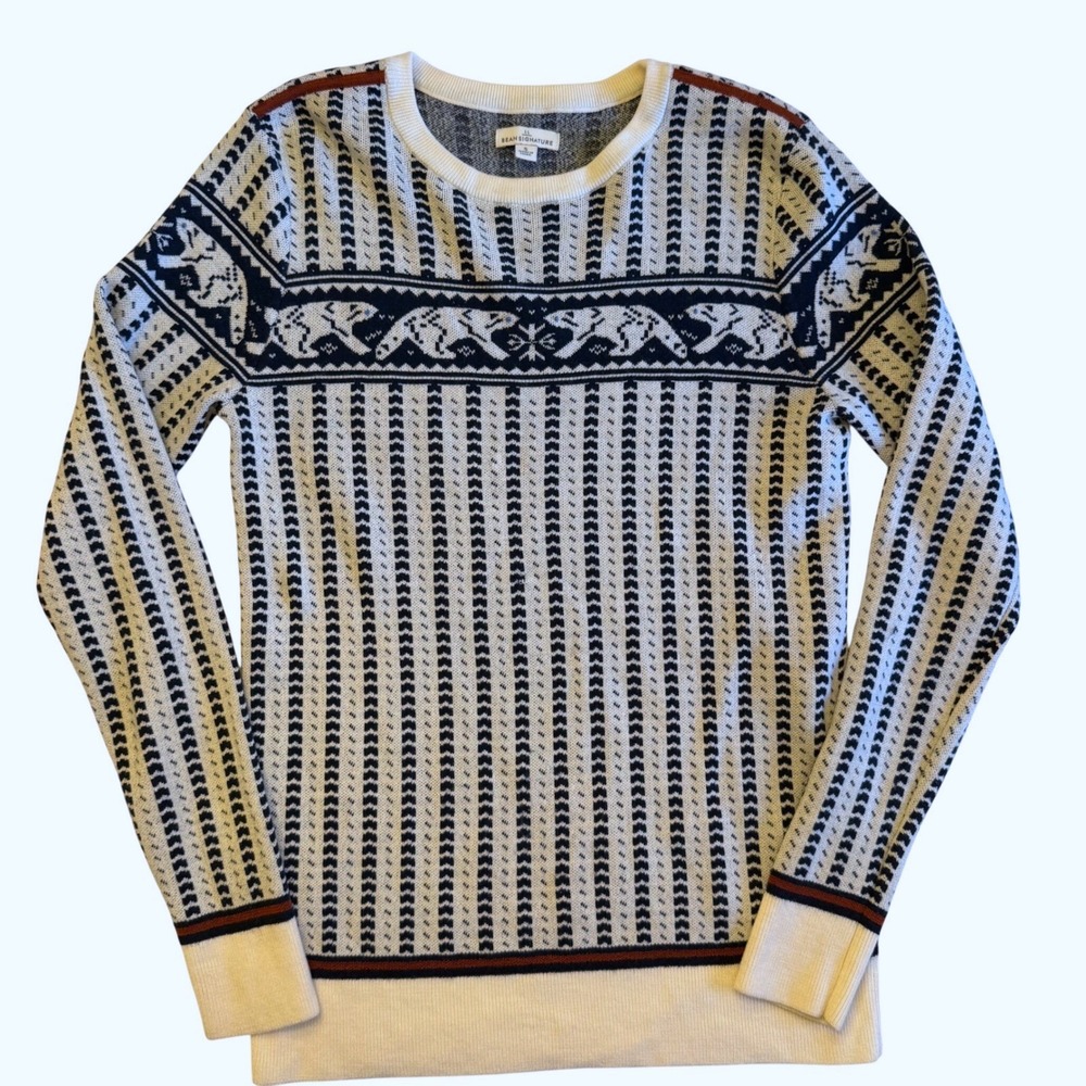 L.L. Bean Signature Merino Wool Sweater Women's S Blue White Fair Isle Crewneck